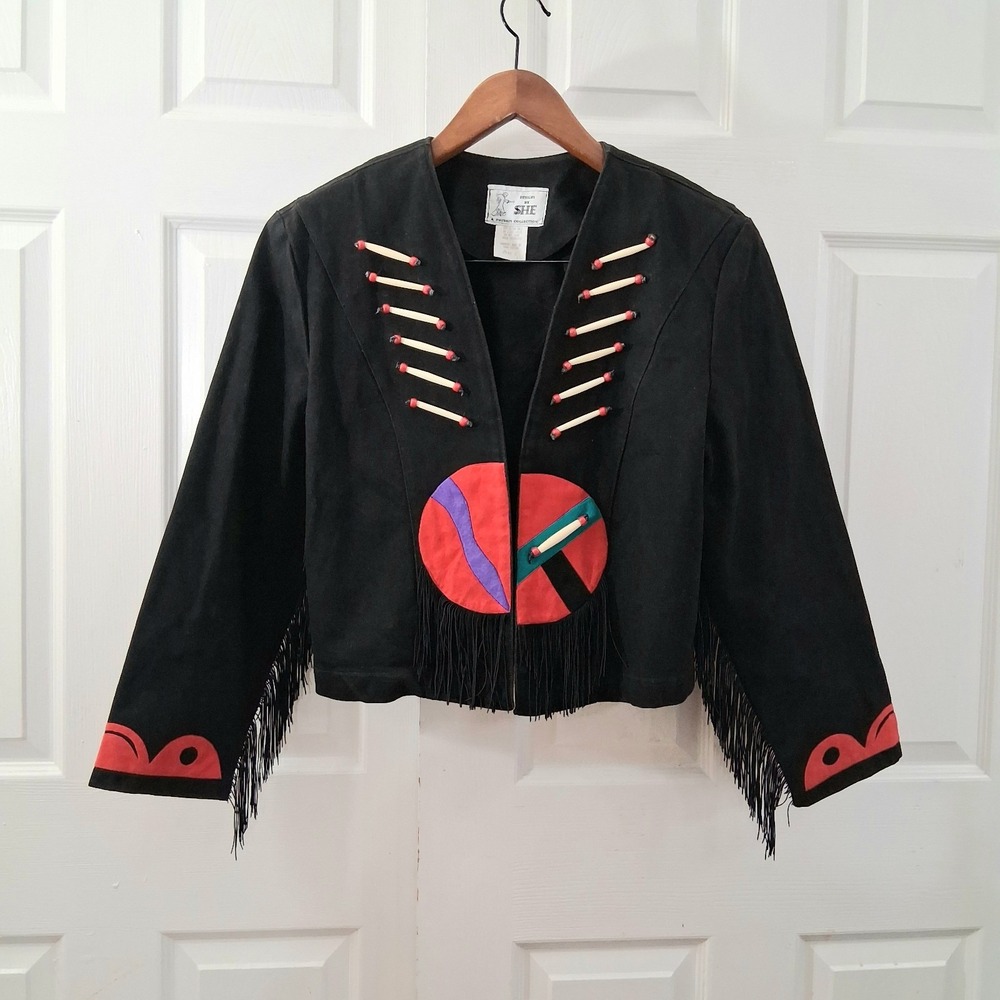 Vtg Designs by She Fringe Western Denim Jacket L 80s 90s Colorblock Hairpipe Bon